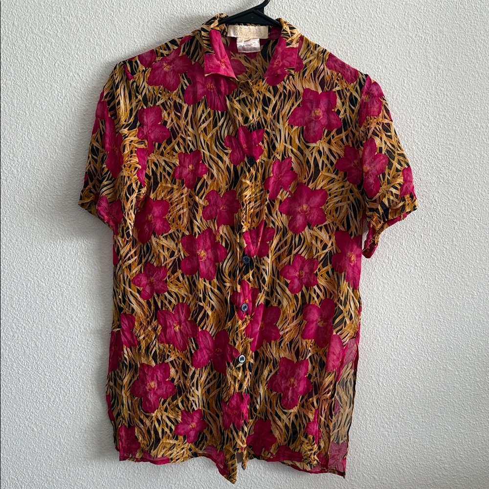 Escada 100% Silk Floral Button-Up Blouse Size 34 Pink & Gold